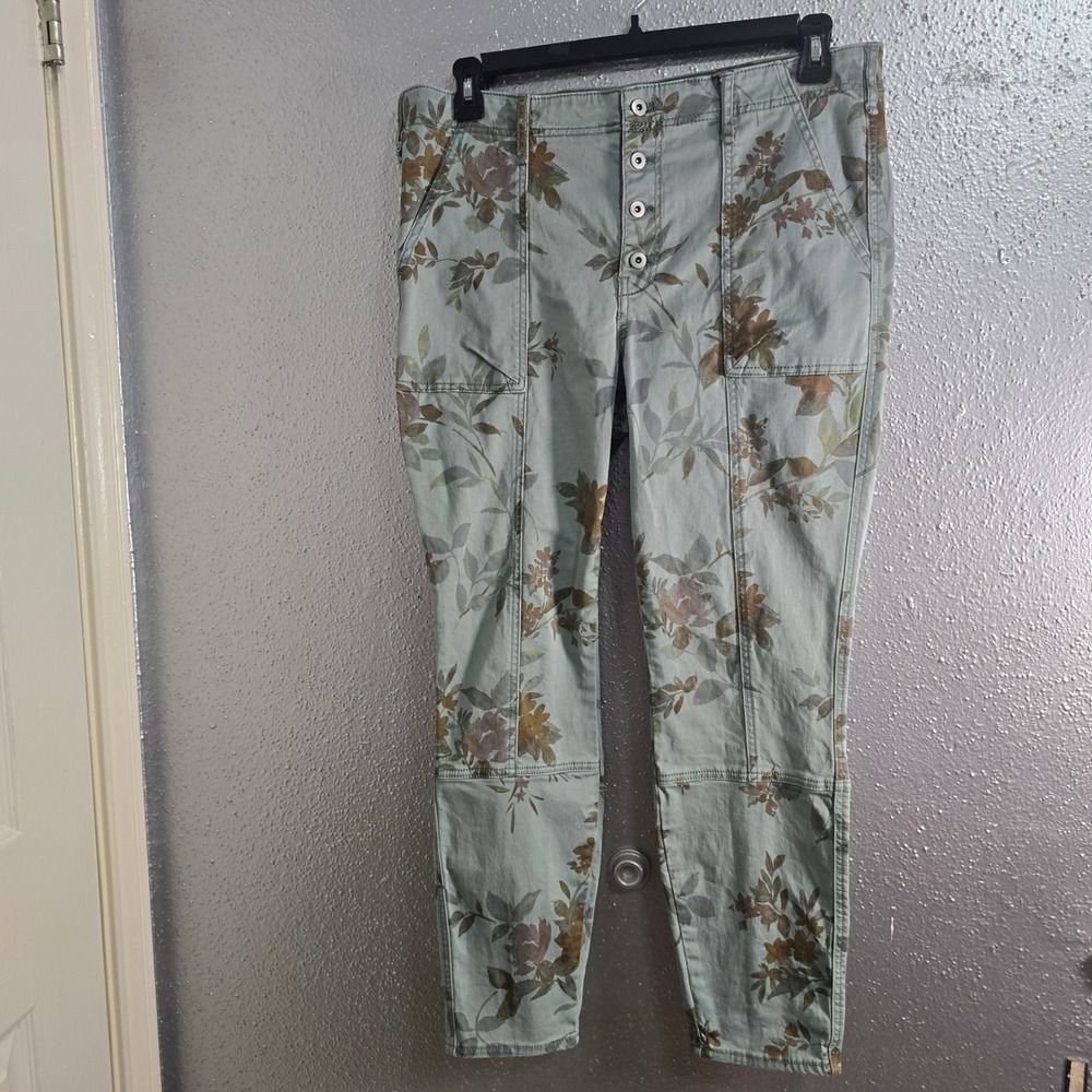 Anthropologie Floral Utility Pants Sage Green Button Fly Slim Leg Size 32